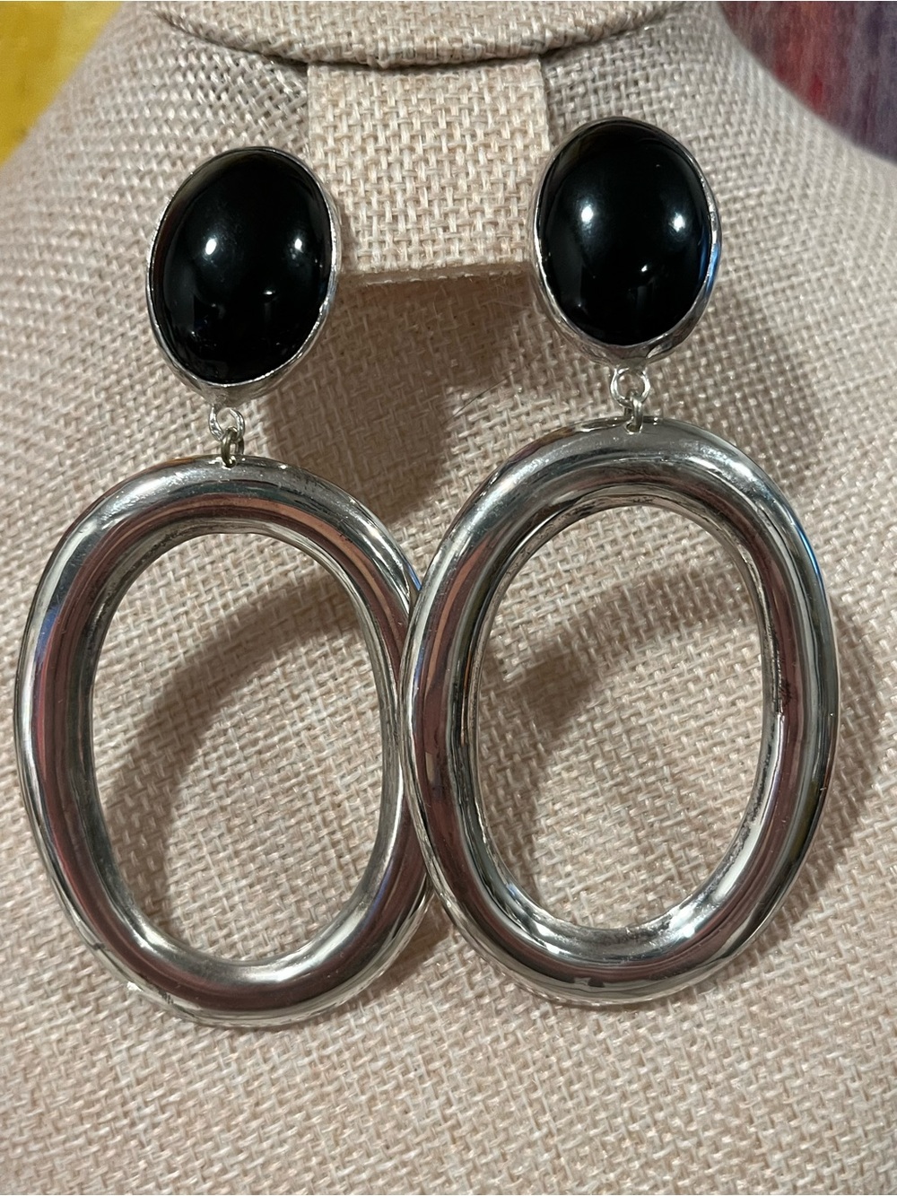 Vintage Sterling Silver Oval Drop Earrings with Black Onyx Cabochon